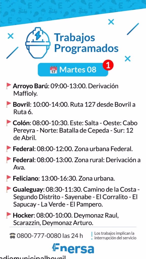 Corte de luz programado en Federal para este martes